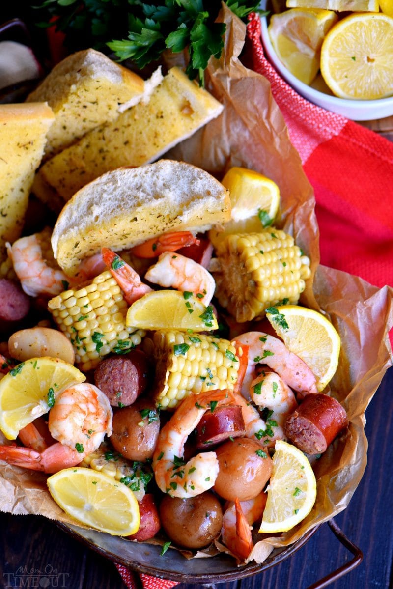 old bay shrimp boil in basket with garlic bread