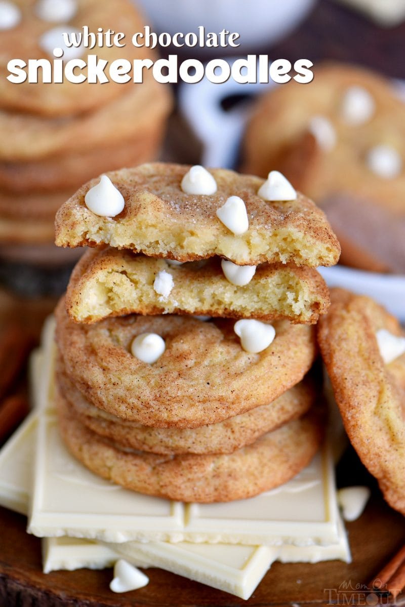 snickerdoodles stacked high with white chocolate chips and text overlay