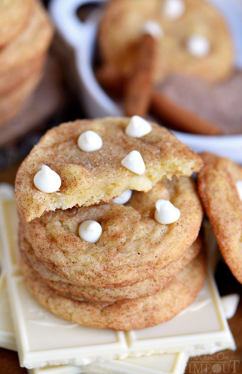easy White Chocolate Snickerdoodles in a stack with the top cookie cut in half