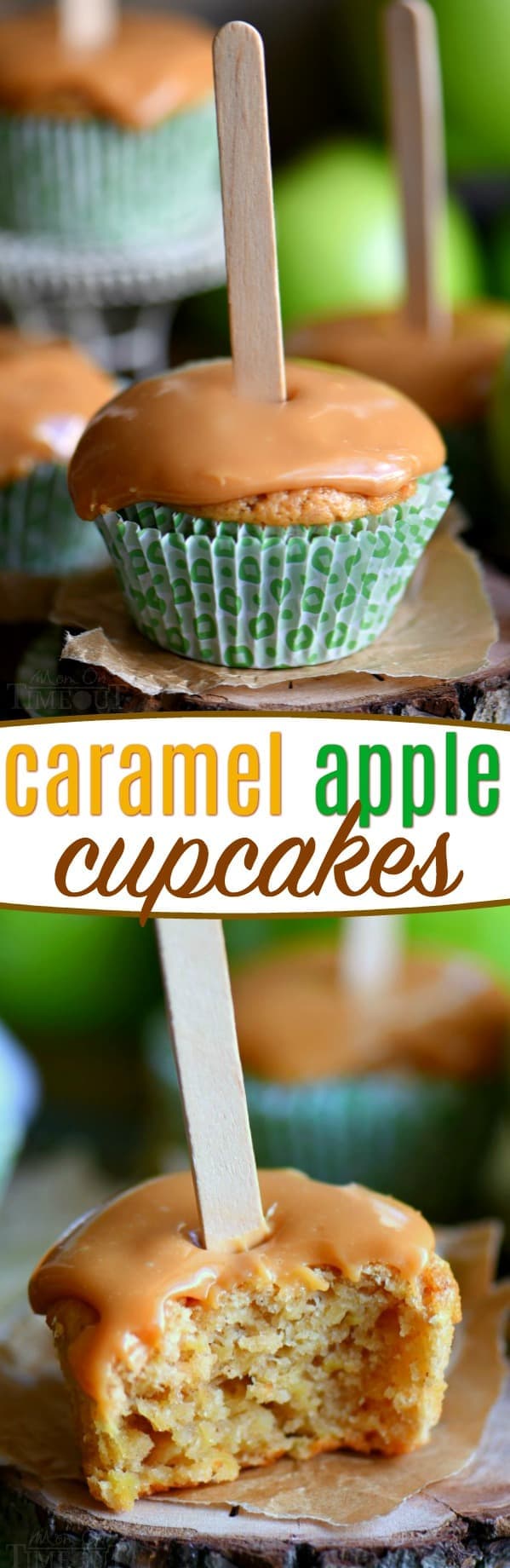 There is no better way to usher in fall than with these delicious Caramel Apple Cupcakes. Moist cupcakes loaded with apples and applesauce for double the apple flavor. A decadent caramel frosting tops them off beautifully. Popsicle sticks not optional. // Mom On Timeout #apple #cupcake #recipe