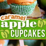 two image collage showing caramel apple cupcakes topped with caramel frosting. bottom cupcakes has a bite taken from it. center color block with text overlay.