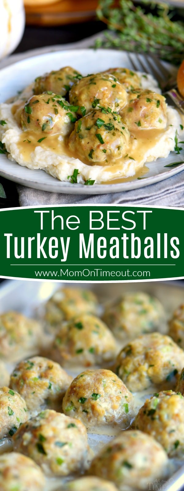 The BEST Turkey Meatballs can be on your table in less than 30 minutes! These baked turkey meatballs are perfectly seasoned and exceptionally delicious. Topped with a simple herbed gravy, they're impossible to resist! // Mom On Timeout