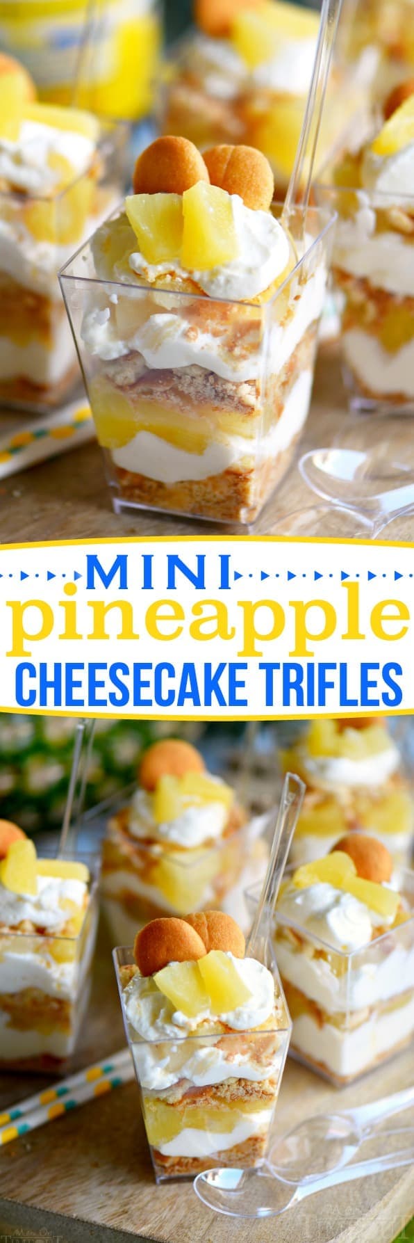 These Mini Pineapple Cheesecake Trifles are loaded with pineapple flavor! Perfect for an after-school snack, dessert, or party! // Mom On Timeout #pineapple #SharetheSunshine #ad