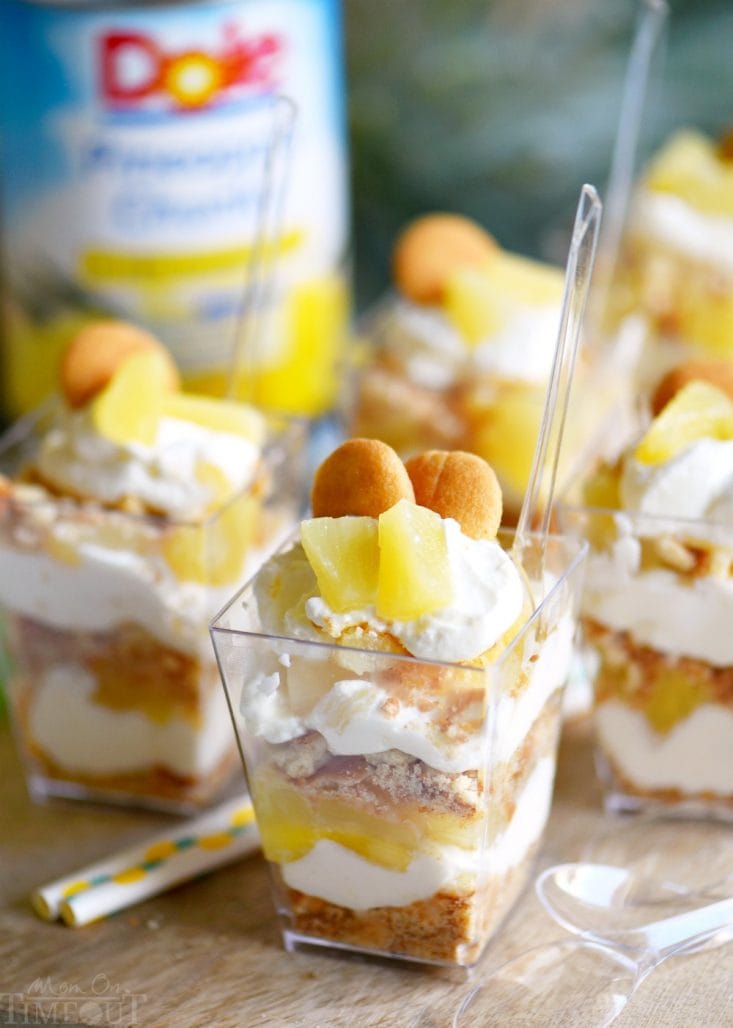 These Mini Pineapple Cheesecake Trifles are loaded with pineapple flavor! Perfect for an after-school snack, dessert, or party! // Mom On Timeout