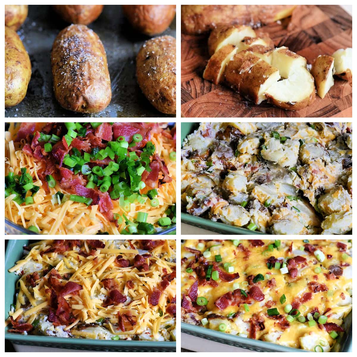 six image collage that shows step by step how to make twice baked potato casserole.