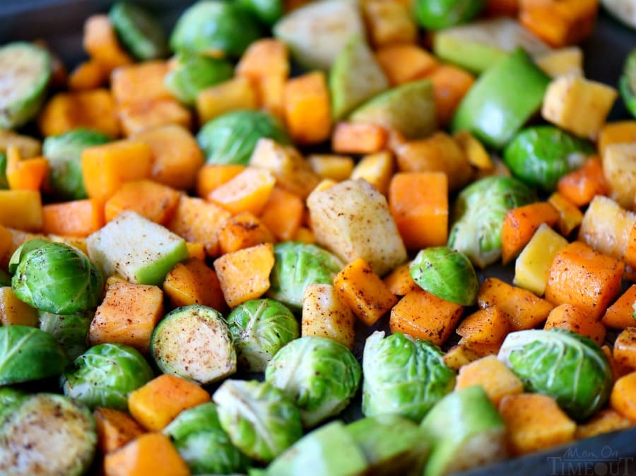 spiced roasted brussels sprouts with squash and apples