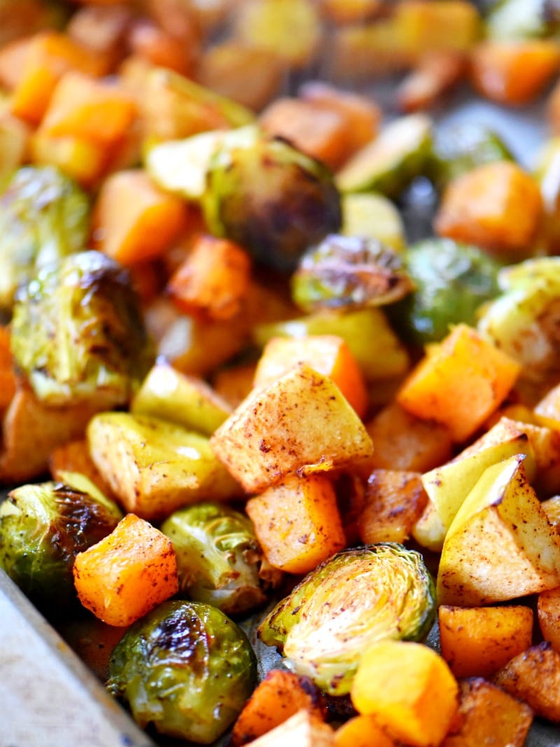 oven roasted brussels sprouts on baking sheet