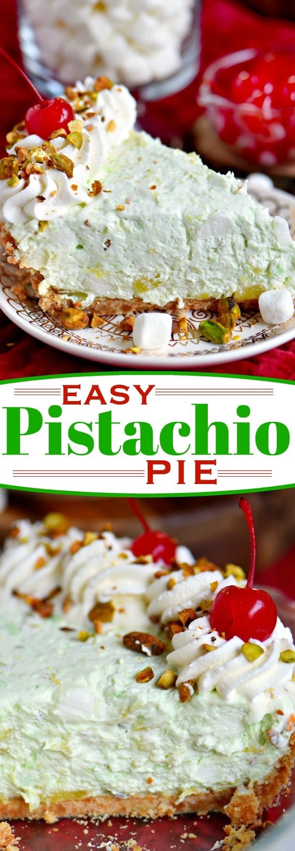 This easy Pistachio Pie recipe is a going to be hit with friends and family this holiday season! Extra creamy and completely irresisitble, this no bake pie recipe takes just minutes to prepare! Make sure to add it to your menu this year! // Mom On Timeout #pie #recipe #nobake #dessert #pistachio #creamcheese #holiday #Christmas #momontimeout