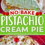 two image collage showing a piece of pistachio pie garnished with whipped cream and then a top down look at the whole pie. center color block with text overlay.