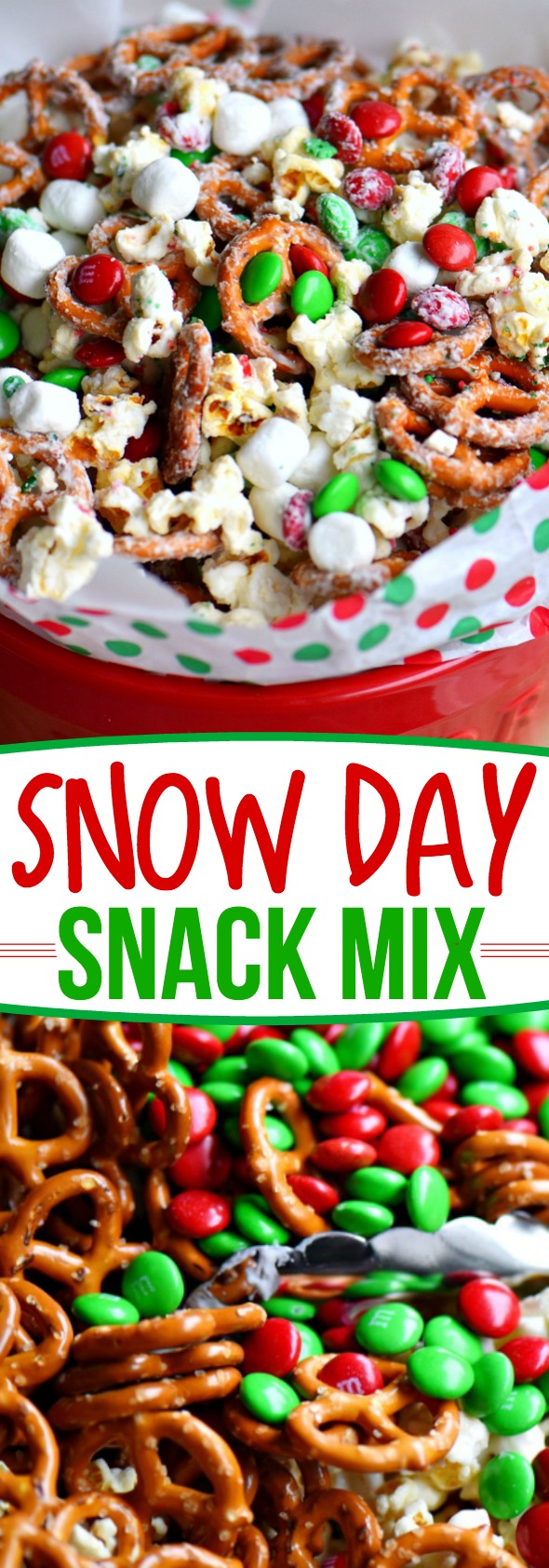 This wonderfully festive Snow Day Snack Mix is the perfect easy treat all holiday season long! Both sweet and salty, this holiday snack mix is great for Christmas, movie nights, parties, gifts and so much more! // Mom On Timeout #christmas #dessert #snack #pretzels #marshmallows #redandgreen #momontimeout