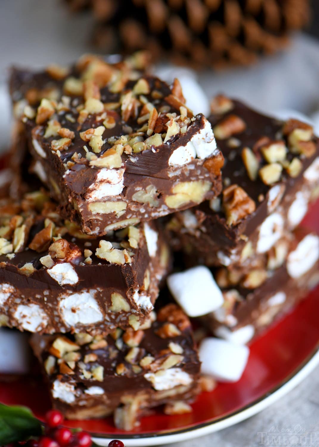 Heavenly Hash Truffle Bars are loaded with coconut, pecans, marshmallows and chocolate and topped with a decadent ganache. This incredibly easy treat comes together in minutes and is sure to impress the chocolate lover in your life! Perfect for the holidays!