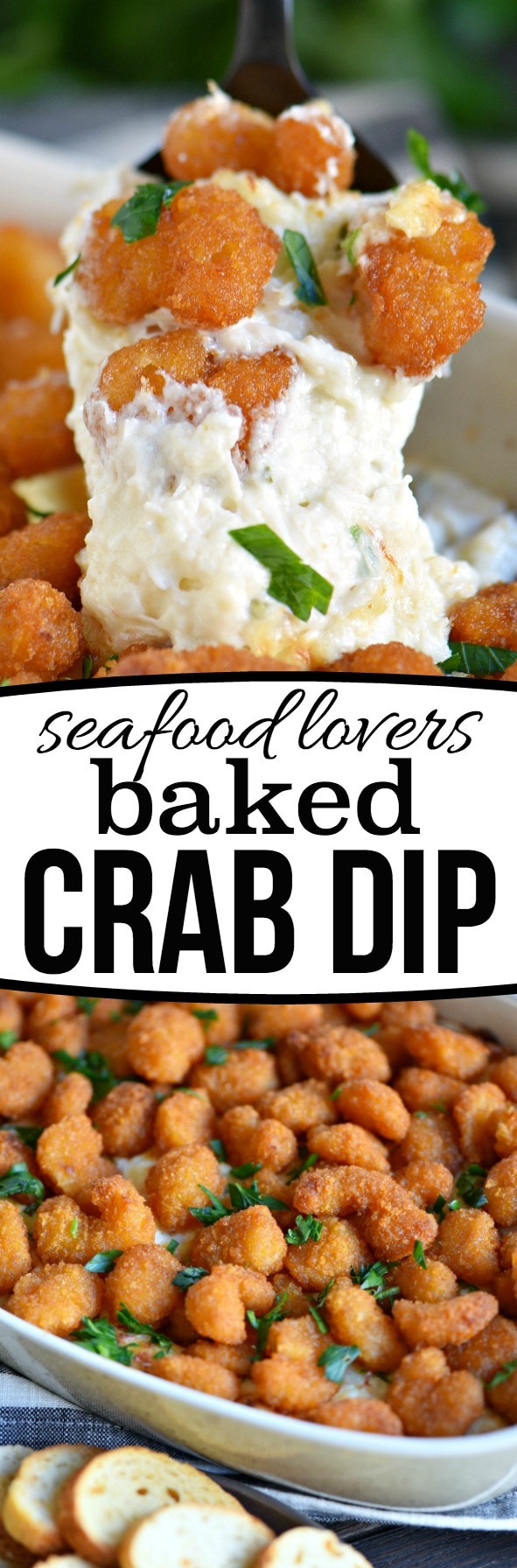 If you love seafood, this Seafood Lovers Baked Crab Dip is going to rock your world. Incredibly creamy, loaded with delicious crab, and topped with crunchy popcorn shrimp, it's perfect for entertaining! // Mom On Timeout #appetizer #crab #shrimp #dip #ad