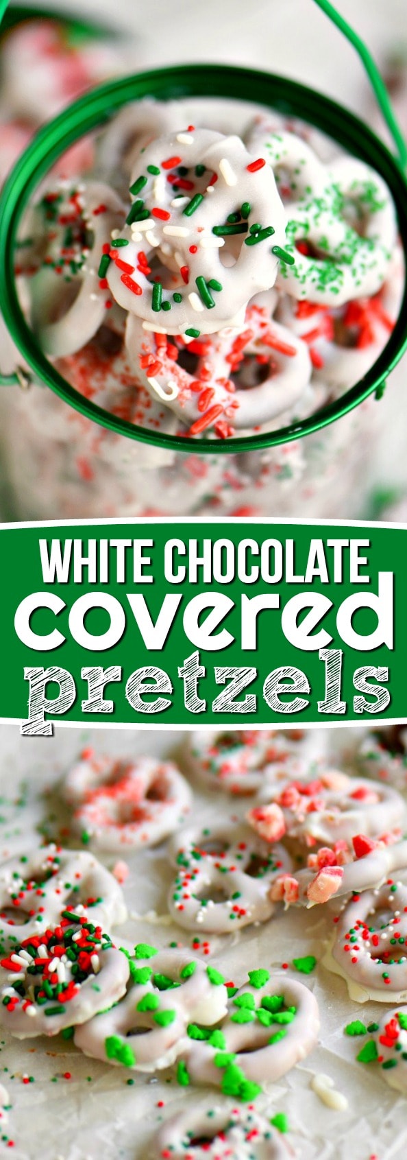 Step by step instructions for the perfect easy White Chocolate Covered Pretzels! Learn how to get perfectly dipped pretzels every time! Decorate with your favorite sprinkles and candies for a holiday treat everyone will love! // Mom On Timeout #pretzels #candy #recipe #Christmas #holidays