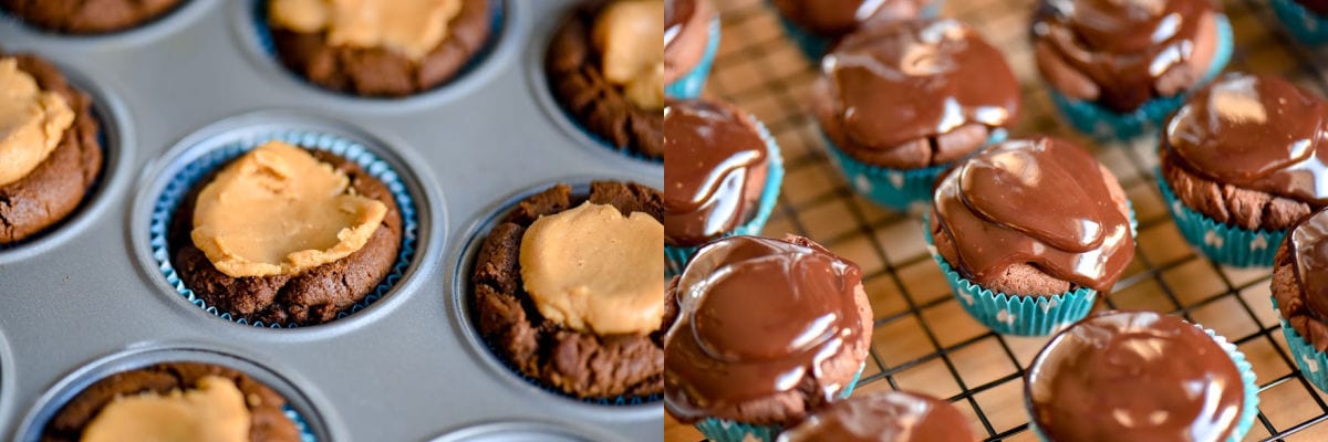 two image collage showing how to make buckeye bites.