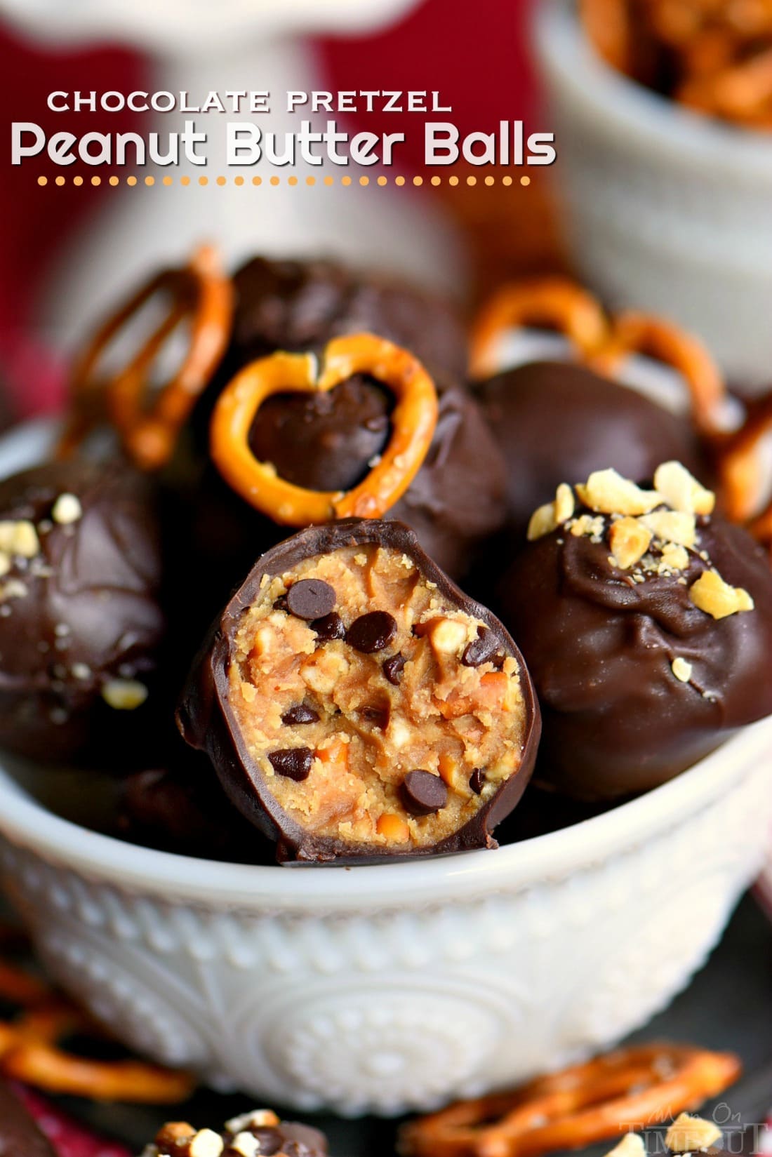 Peanut Butter Balls are taken to the next level with the addition of pretzels in this easy Chocolate Pretzel Peanut Butter Balls recipe. The creamy, crunchy, salty, sweet combination is the best of all worlds. // Mom On Timeout