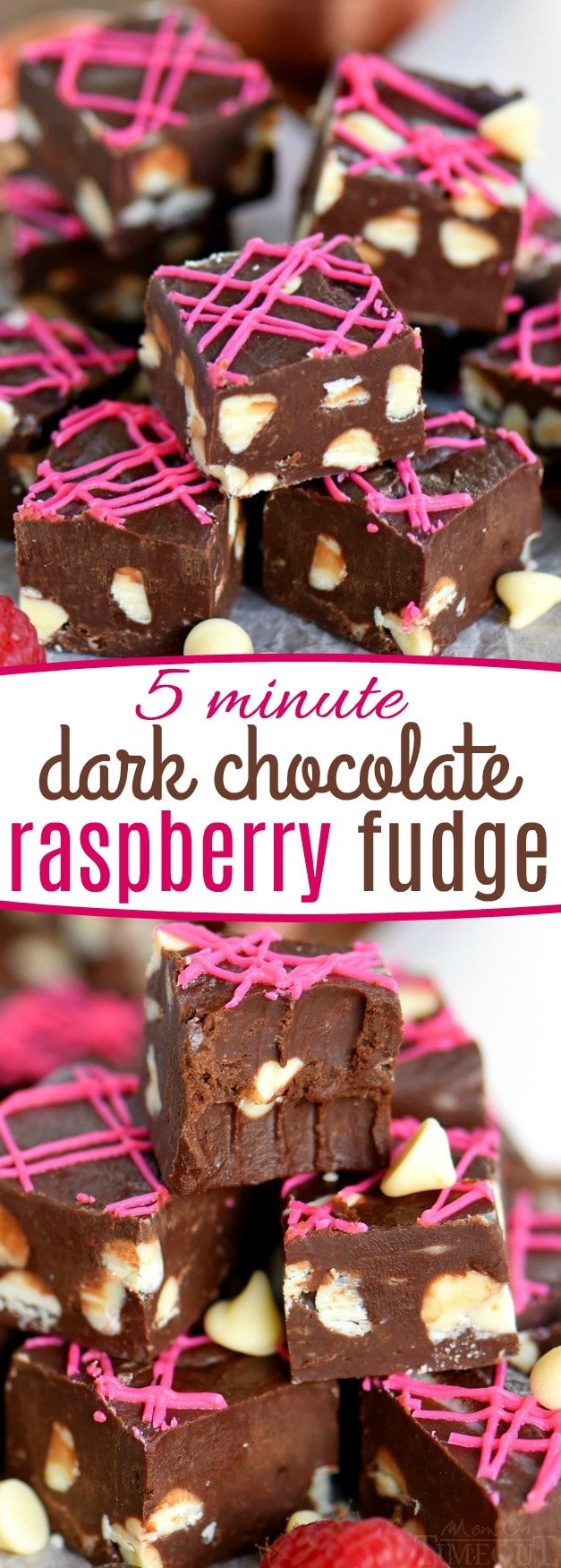 Fudge doesn’t get better than this Dark Chocolate Raspberry Fudge. It’s the perfect quick treat for any occasion! Incredibly decadent and gorgeous to boot this easy fudge recipe takes just 5 minutes to make! That can be our little secret… // Mom On Timeout #fudge #raspberry #easy #sweetenedcondensedmilk #dark #chocolate #valentinesday #valentines #christmas #candy