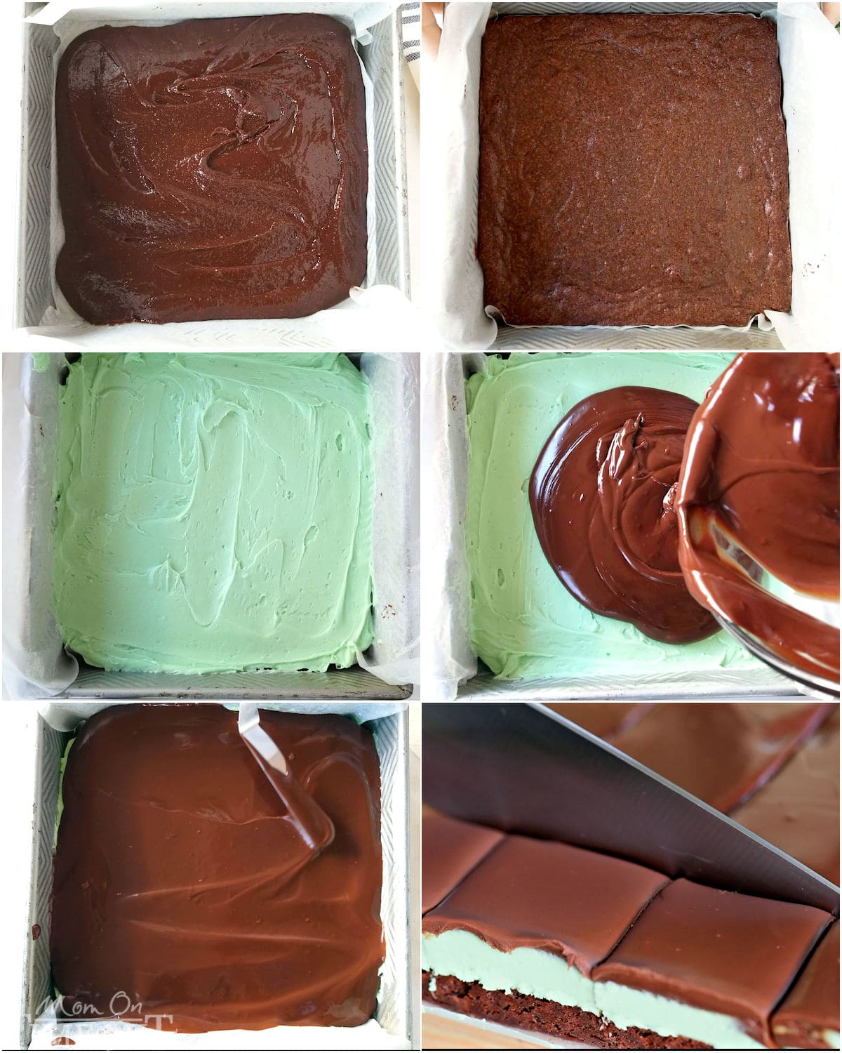 six image collage showing an overview of how to make chocolate mint brownies.