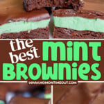 three image collage showing chocolate mint brownies stacked in a pyramid with top brownie has a bite removed. two more images show a cross section of the brownies and a single brownie on a marble surface. center color block with text overlay.