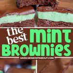 three image collage showing chocolate mint brownies stacked in a pyramid with top brownie has a bite removed. two more images show a cross section of the brownies and a single brownie on a marble surface. center color block with text overlay.