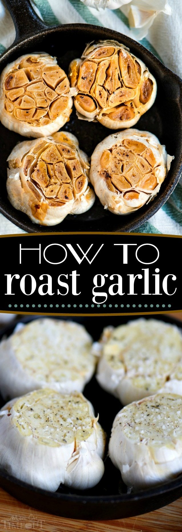 Roasted garlic is one of my favorite ingredients in soups and dips. If you've ever wondered how to roast garlic - you've come to the right place! Roasted garlic adds tremendous flavor and depth to any dish. Roasting the garlic really mellows out the garlic and makes it sweet and delicious. // Mom On Timeout #roasted #garlic #roast #howto