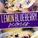 two image collage showing top down view of lemon blueberry scone on a piece of brown parchment paper with fresh blueberries scattered about. bottom image shows the scone on a plate with lemon curd. center diagonal color block with text overlay.