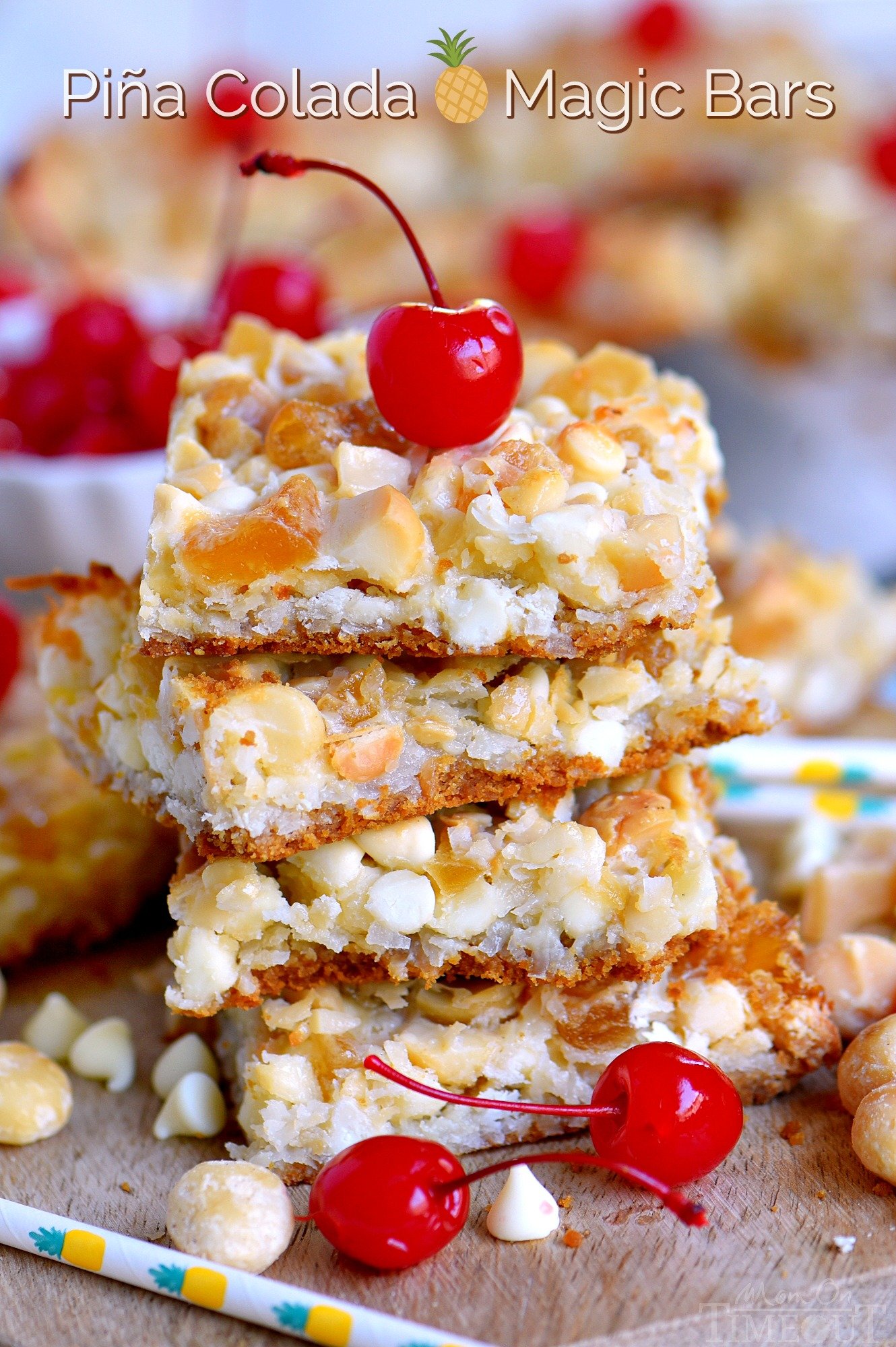 These easy Piña Colada Magic Bars marry the flavors of a Piña Colada with your favorite 7 layer bars. Soft and chewy with a taste of the tropics that everyone will love! // Mom On Timeout #ad #recipe #dessert #desserts #pineapple #coconut #rum #macadamia #nuts #bars #recipes #sweets #treats #magic #momontimeout best-pina-colada-bars-pineapple-coconut-rum