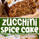 Three image collage of zucchini spice cake on plate, bite taken and top down shot of cake cut into squares. The cake is topped with a cream cheese icing and toasted walnuts. Center color block with text overlay.