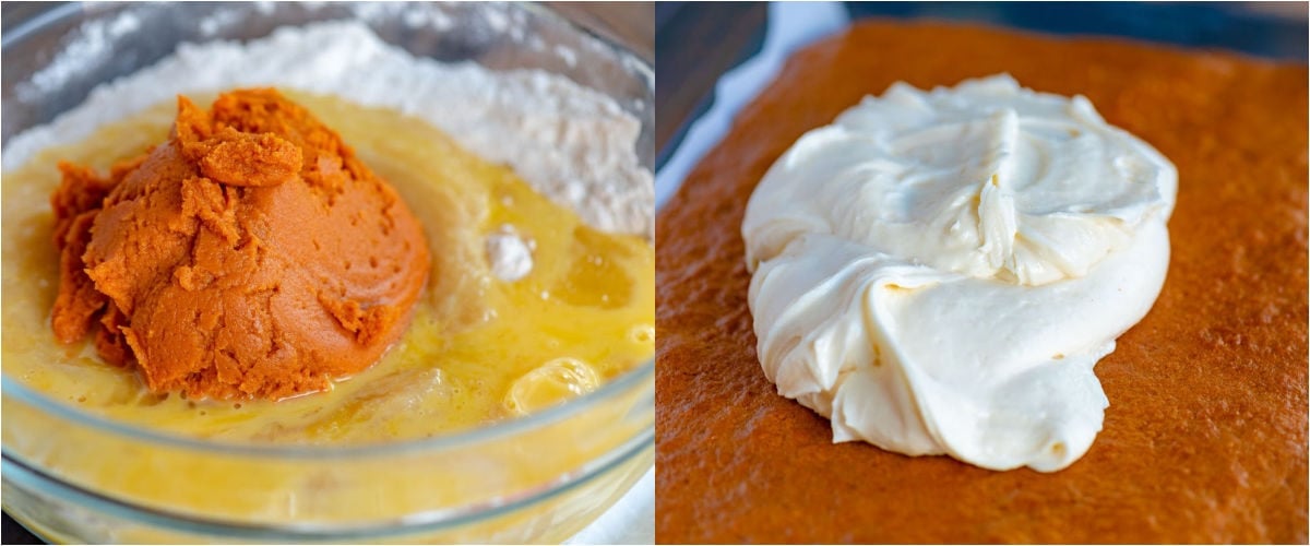 two image collage showing how to make pumpkin bars.