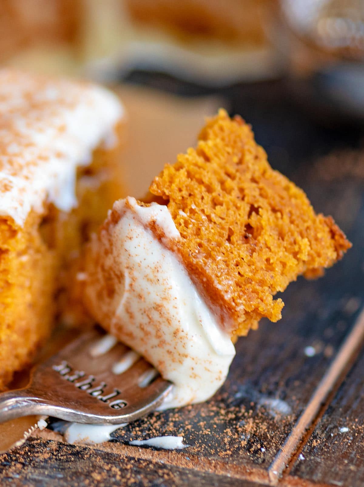 bite of pumpkin bar on a fork.