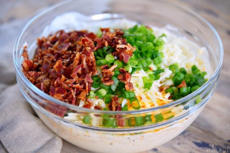 This Baked Bacon Cheese Dip is the ULTIMATE party food. This creamy cheese dip is made with five different types of cheese, is loaded with bacon and baked up in a bread bowl that makes serving a breeze. Use your choice of dippers including fresh veggies, chips, pretzels, crostini, or fresh bread. You simply can't go wrong. // Mom On Timeout #bacon #cheese #appetizer #bread #dip #recipe #recipes #appetizers #ad baked-bacon-cheese-dip-recipe-ingredients