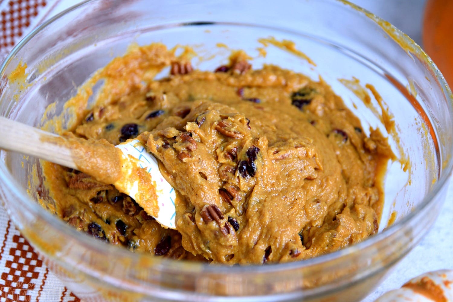 pumpkin bread batter in bowl ready to be added to the bread pan.