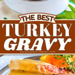 two image collage showing turkey gravy in a gravy boat and also poured over slices of turkey breast. center color block with text overlay.