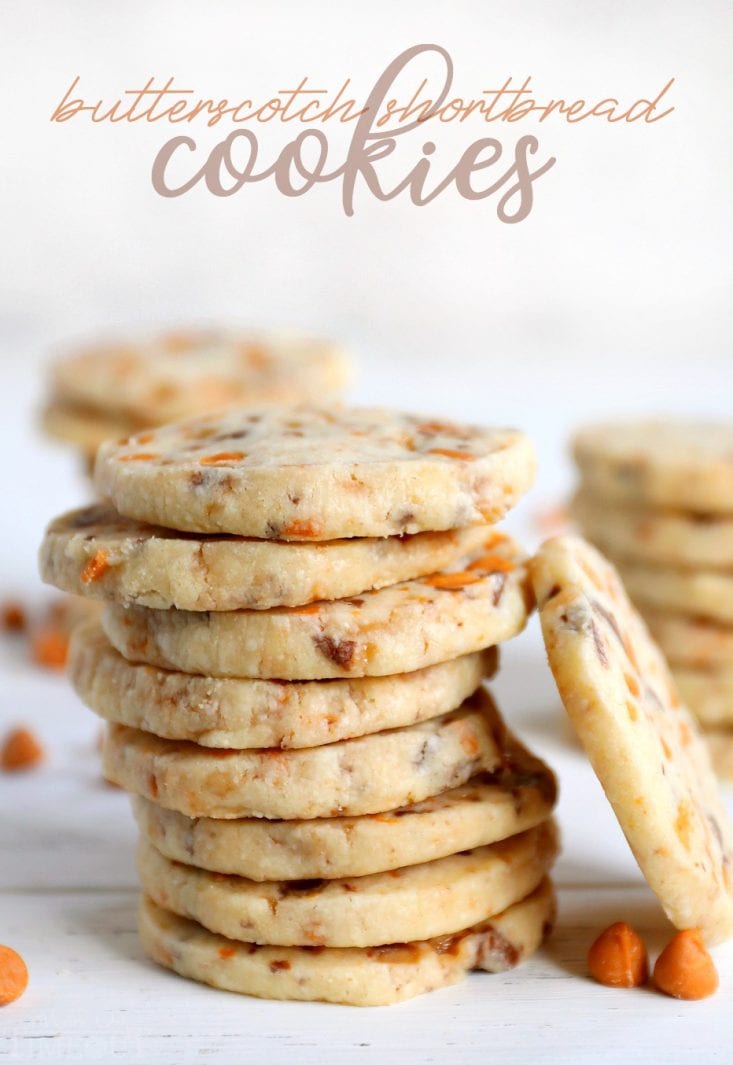 stack of butterscotch-shortbread-cookies on white wood background with title up top