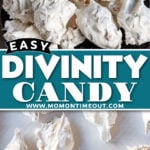 two image collage showing divinity candy piled high on a silver plate and drying on a piece of parchment paper.