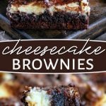 two image collage showing two brownies stacked and a fork with brownie on it. center color block with text overlay.