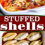 two image collage showing baked stuffed shells and shells that have been stuffed but not yet baked in the bottom image. center color block with text overlay.
