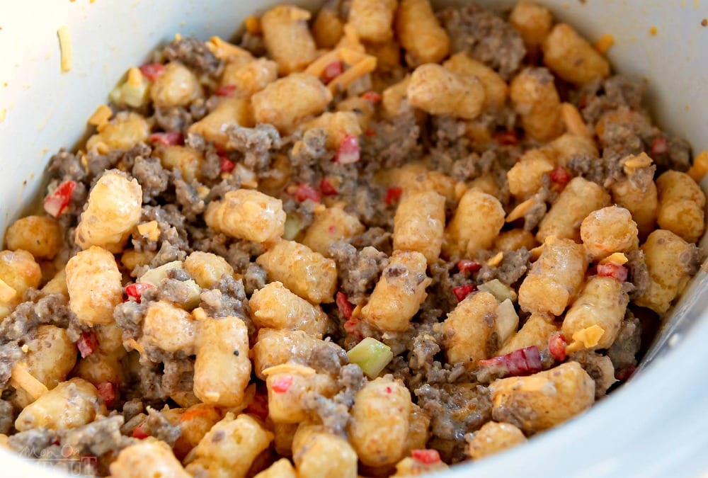 breakfast-tater-tot-casserole-ingredients in-slow-cooker-not-cooked