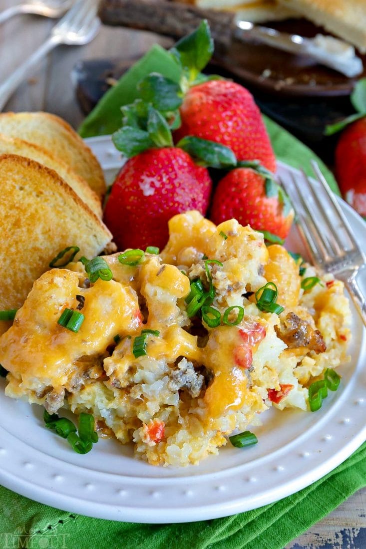 tater tot breakfast casserole with sausage-eggs-green-onions