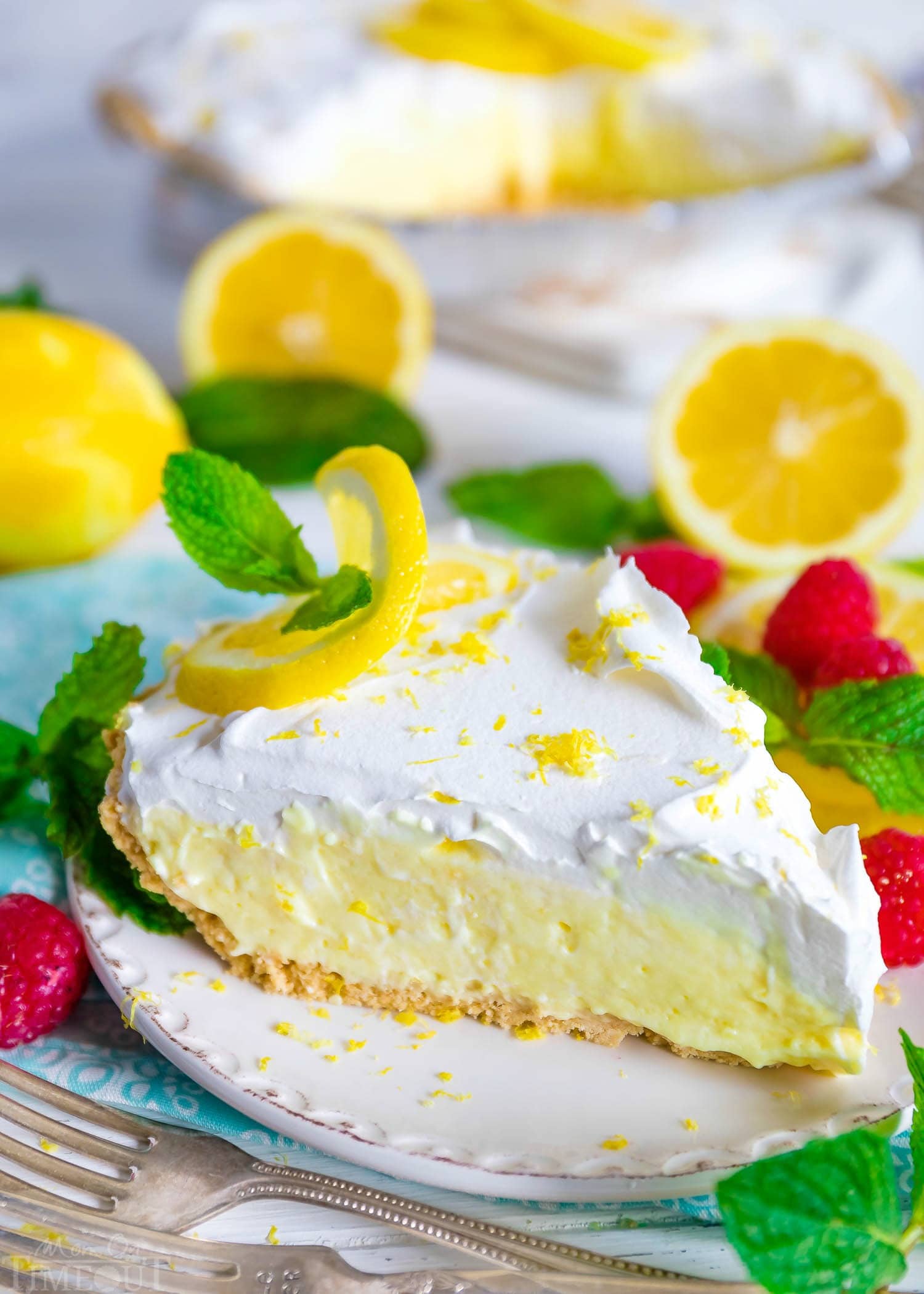 This easy No Bake Lemon Pie is perfect for hot summer days! Loaded with tart lemon flavor, the creamy lemon filling goes perfectly with the graham cracker crust and fresh whipped cream topping. Delicious! // Mom On Timeout #lemonpie #lemonpierecipe #nobakelemonpie #nobake #dessert #lemon #desserts #summer #lemon #grahamcrackercrust lemon pie with whipped cream topping on white plate.