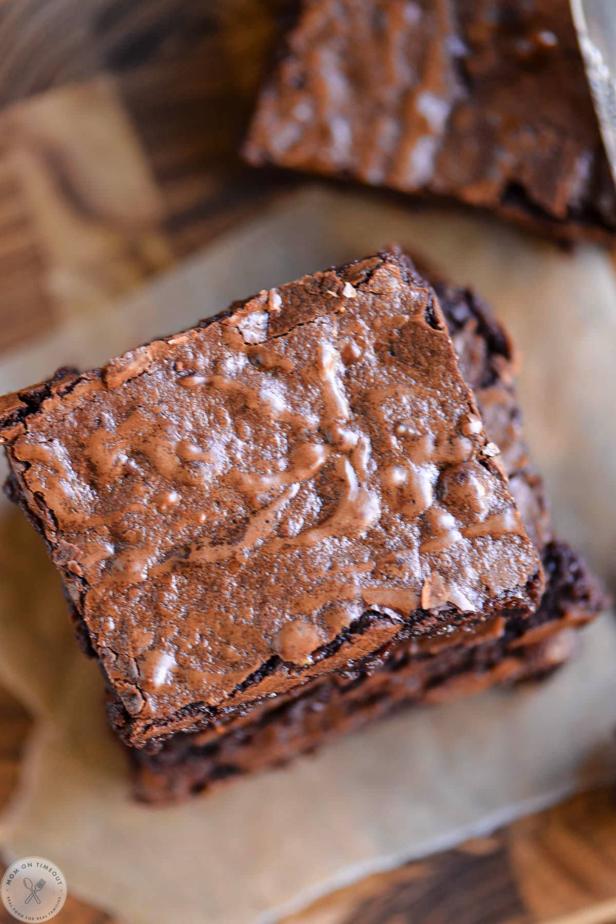 Overhead shot of brownies showing crackly top.