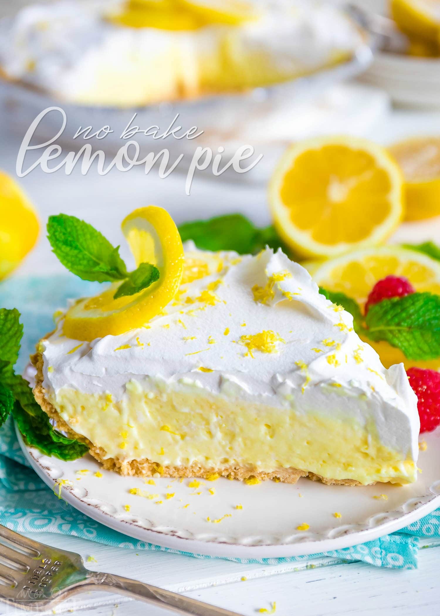 lemon pie garnished with lemon slice and fresh mint with title overlay at top of image.