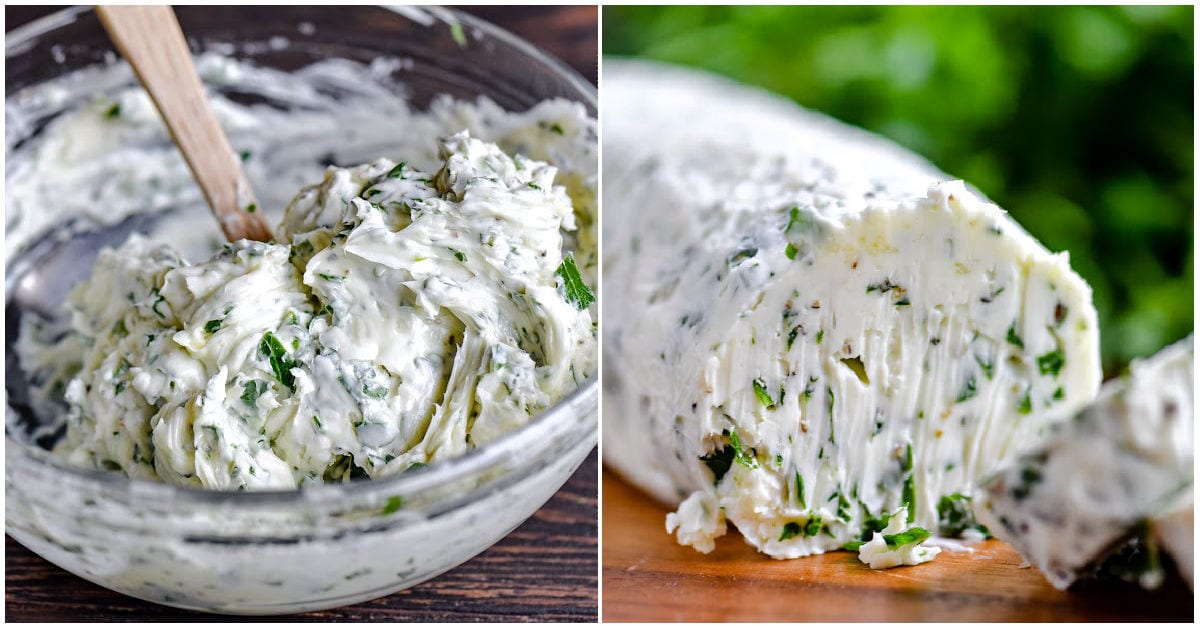 two image collage showing garlic herb butter being mixed in a bowl and also shaped as a log. 