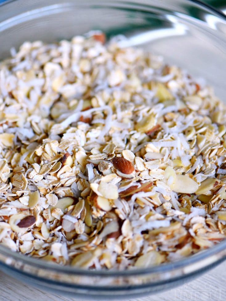 granola ingredients in bowl oats-almonds-coconut