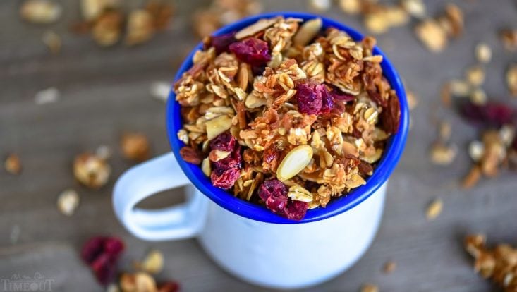 granola recipe with coconut and cranberries in cup