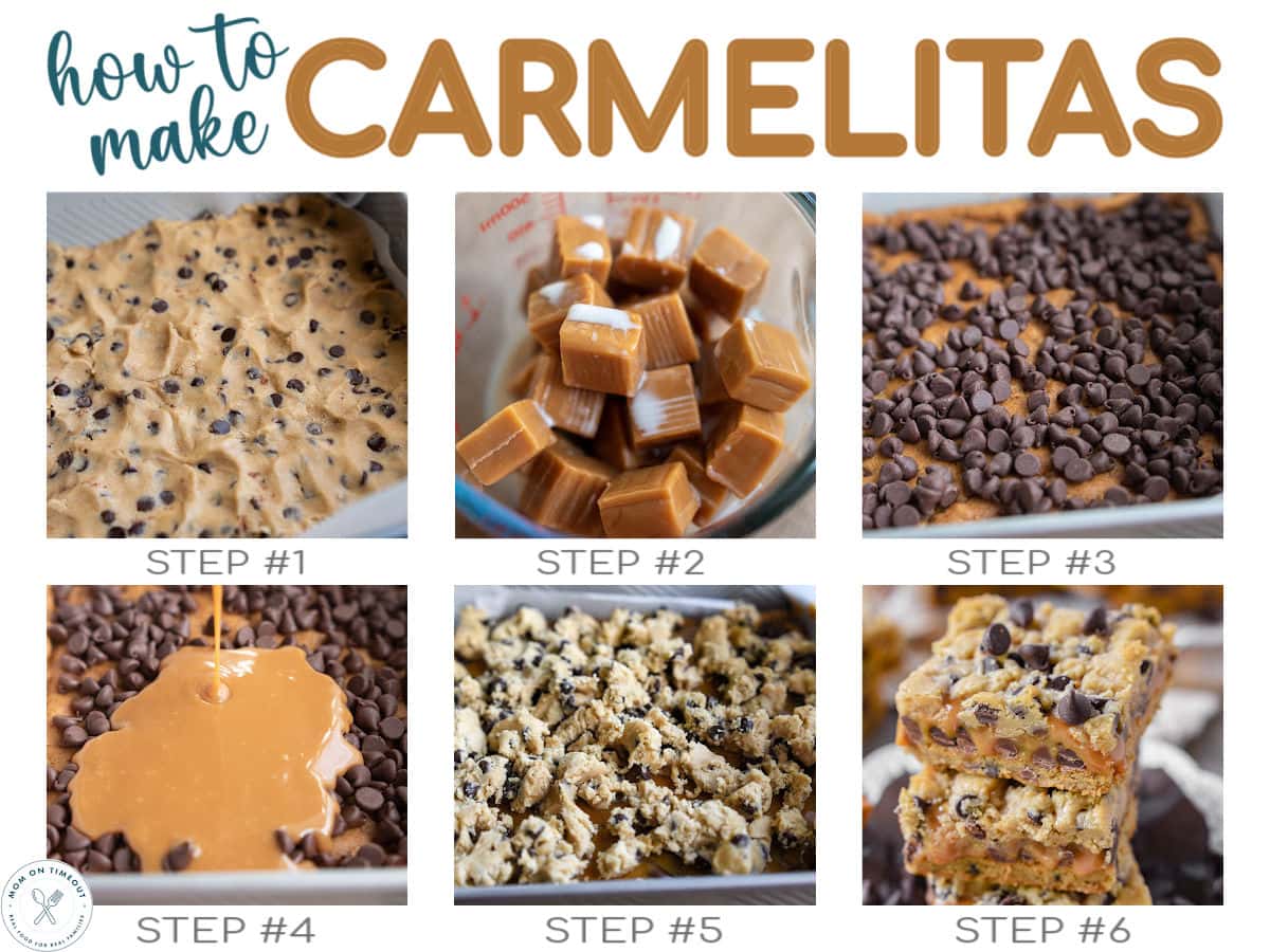 Six image collage showing how to make carmelitas step by step. Text overlay at top of image.