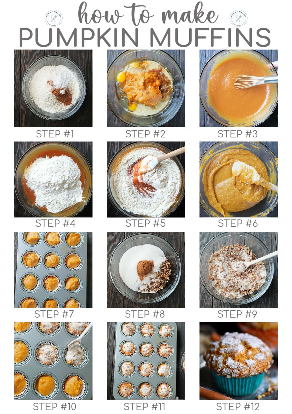 Twelve image graphic showing how to make pumpkin muffins step by step. Title at top of graphic.