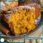 Two image graphic showing pumpkin muffins split on plate and also overhead shot in muffin pan. Text overlay at top and bottom of image.
