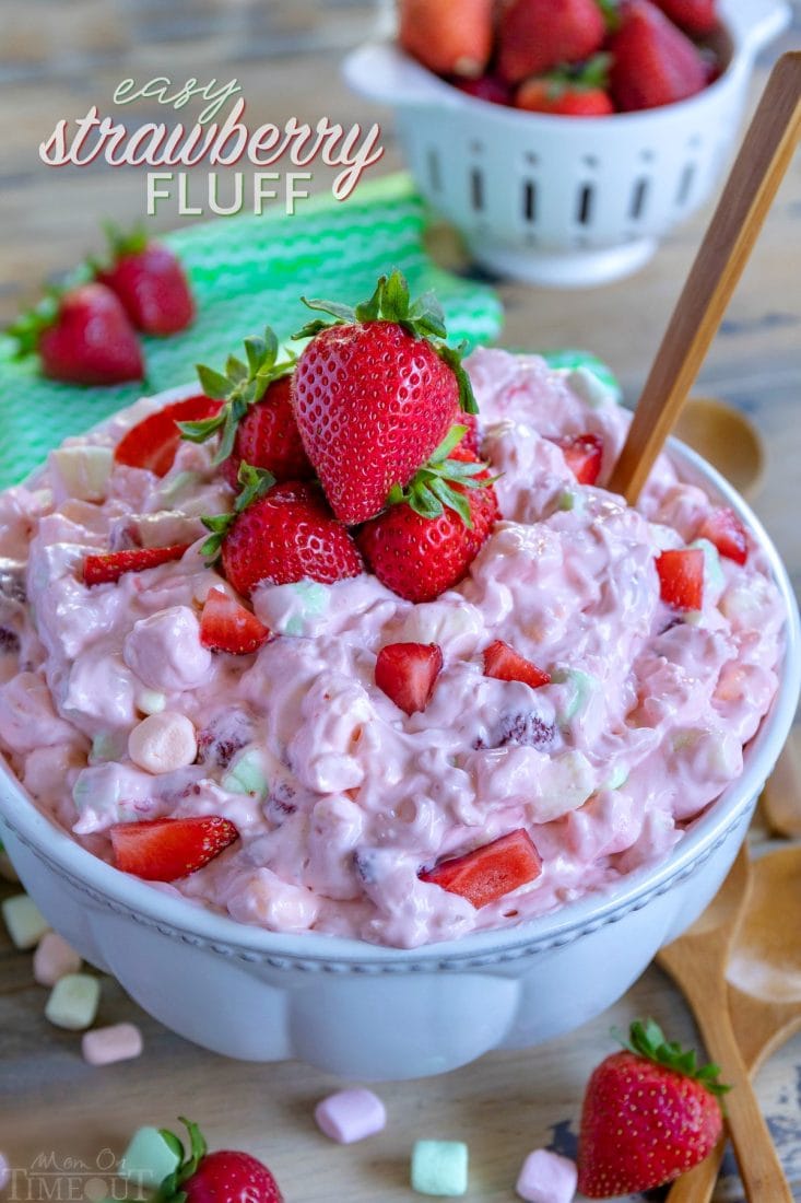 strawberry-fluff-in bowl topped with fresh strawberries in bowl