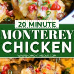 two image collage of monterey chicken in skillet. made with cheese and bacon and garnished with tomatoes and green onion. center color block with text overlay.
