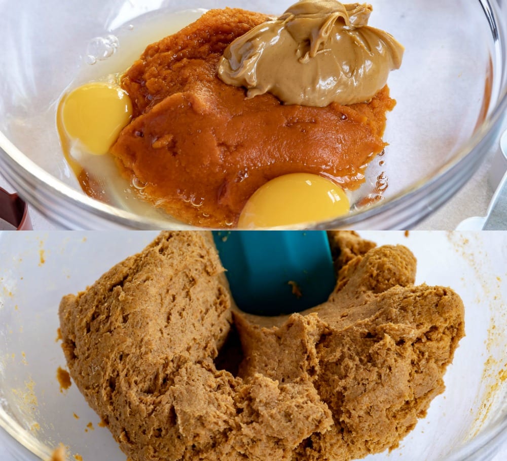 These Homemade Dog Treats are made with peanut butter and pumpkin and are sure to be a hit! This easy recipe is made in one bowl with just 5 ingredients - simple and delicious! // Mom On Timeout #dogtreats #homemadedogtreats #pumpkin #peanutbutter #dogs #dog #peanutbutterdogtreats #pumpkindogtreats #ad homemade dog treats ingredients in bowl